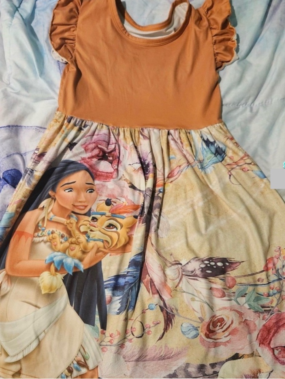 Girls' Orange & Floral Pocahontas Character Dress with Ruffle Sleeves